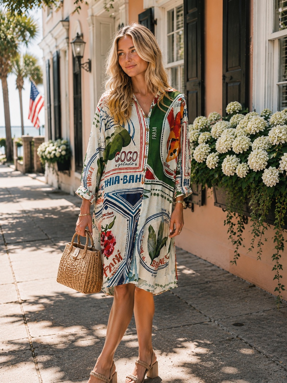 FARM Rio Multi-Color Printed Button-Front Maxi Dress
